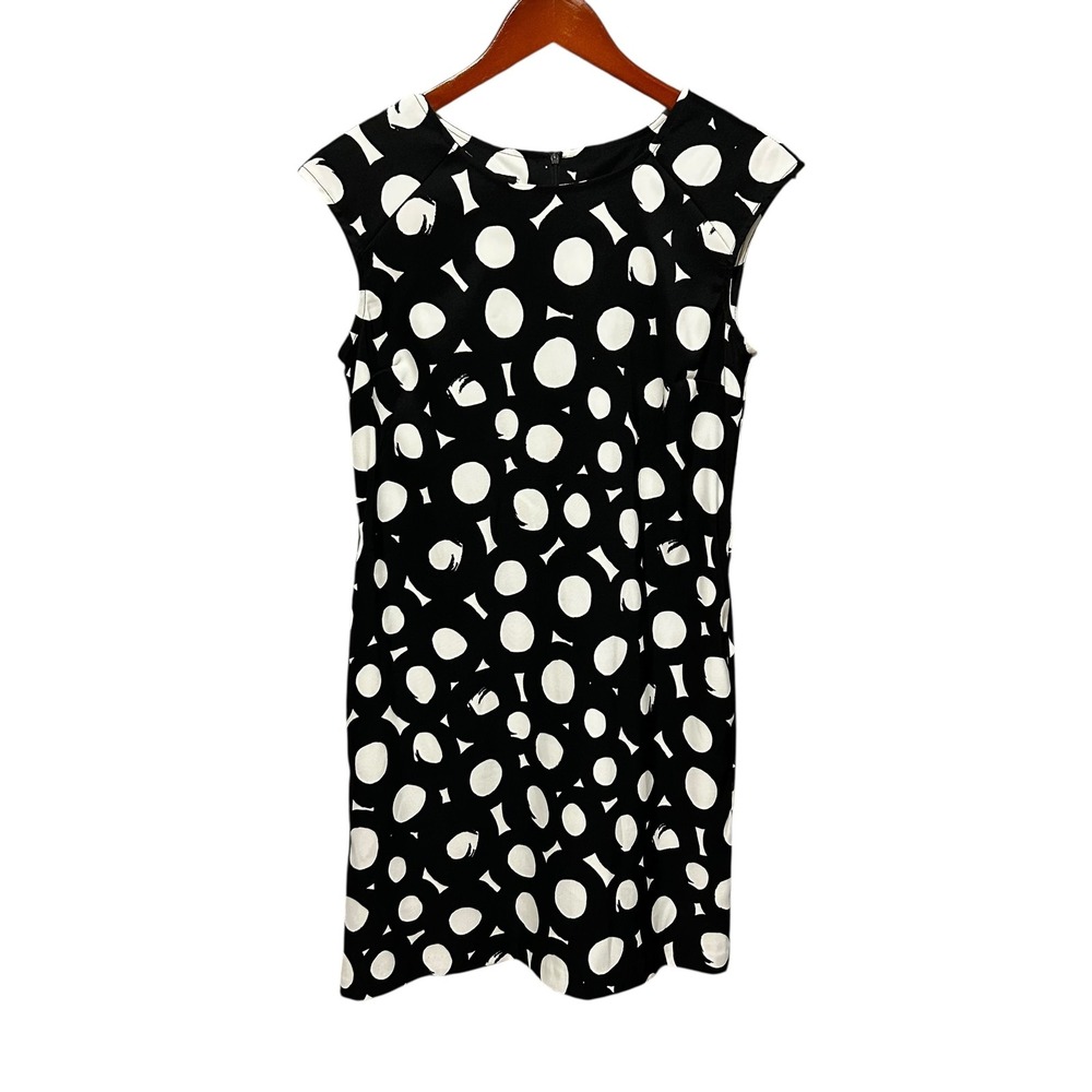 AB Studio Womens Sheath Dress 8 Black‎ White Polka Dot Pocket Modern Chic Retro